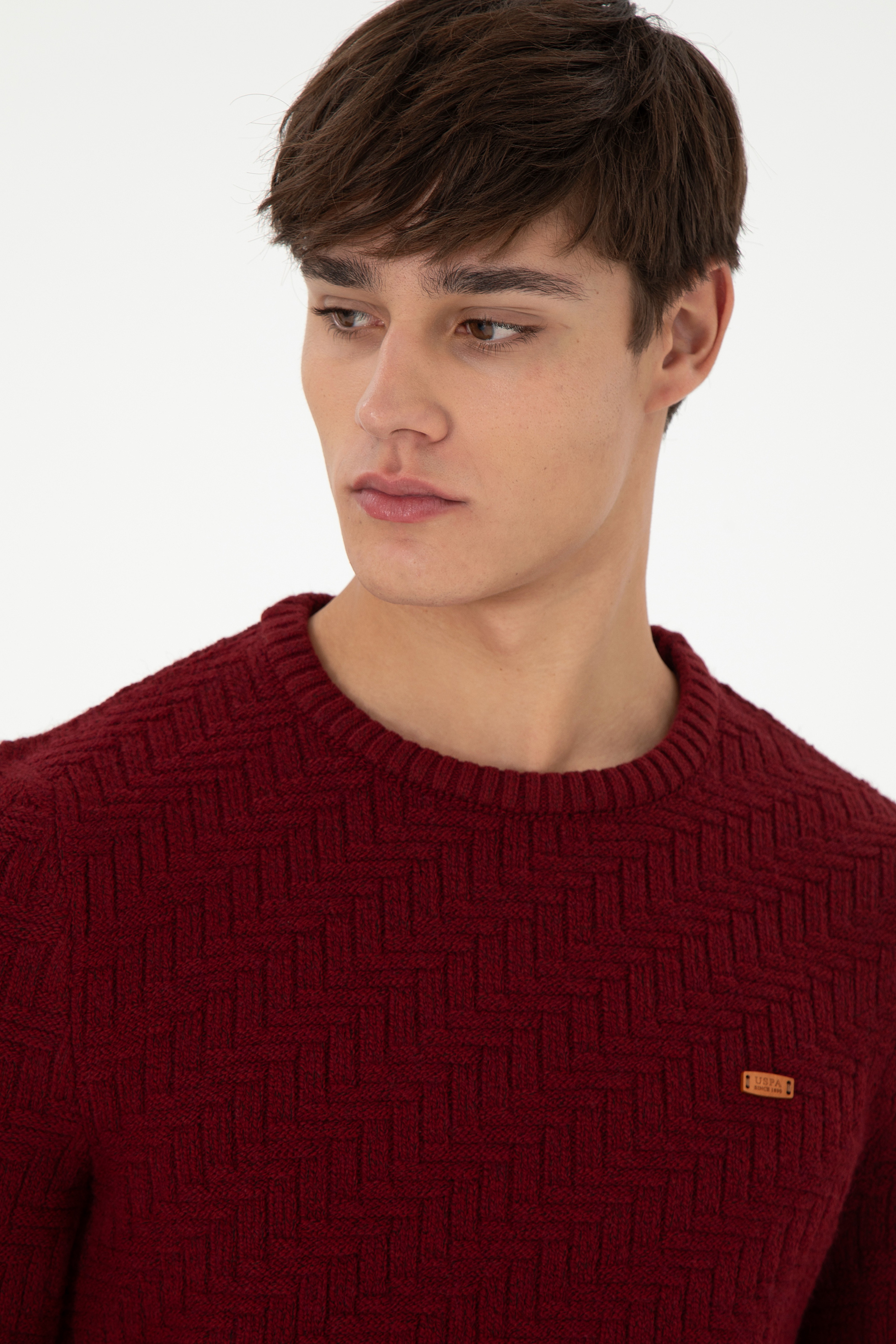 Erkek Slim Fit Bisiklet Yaka Bordo Kazak - Image 2