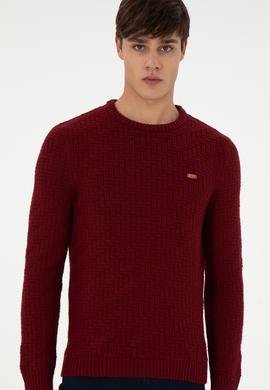 Erkek Slim Fit Bisiklet Yaka Bordo Kazak - 50297050036