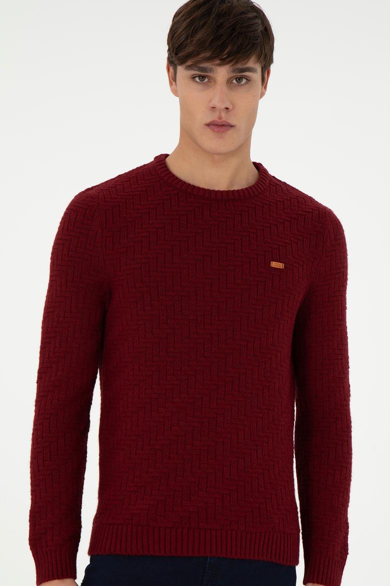 Erkek Slim Fit Bisiklet Yaka Bordo Kazak - 50297050036