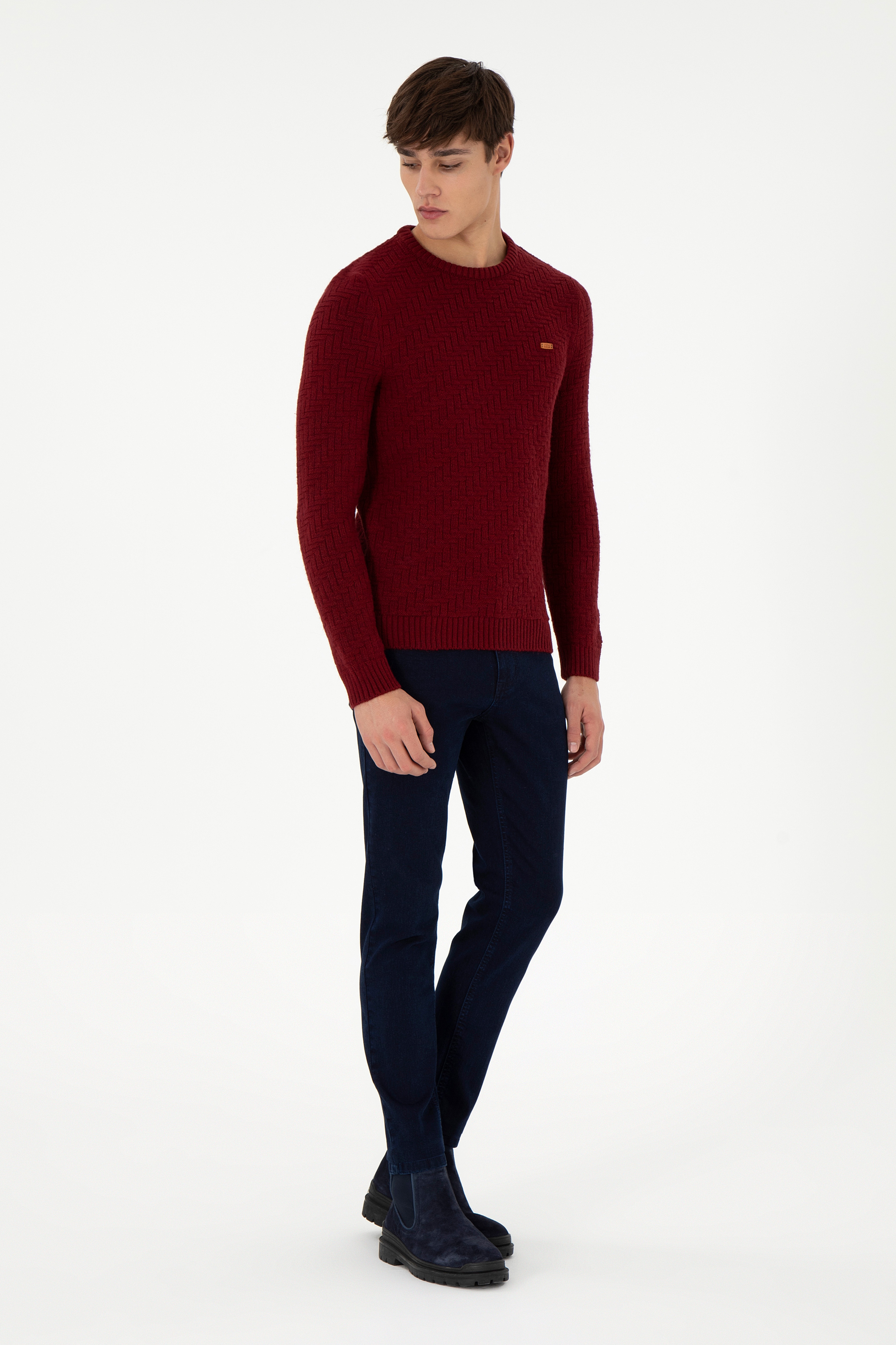 Erkek Slim Fit Bisiklet Yaka Bordo Kazak - Image 4