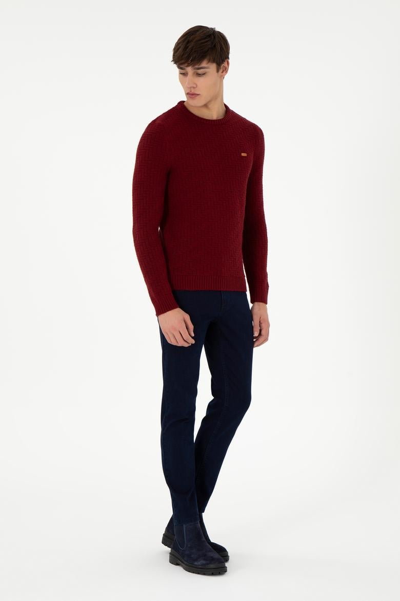 Erkek Slim Fit Bisiklet Yaka Bordo Kazak - 50297050036