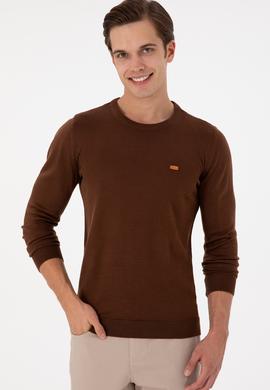 Erkek Slim Fit Bisiklet Yaka Kahverengi Kazak - 50297040035