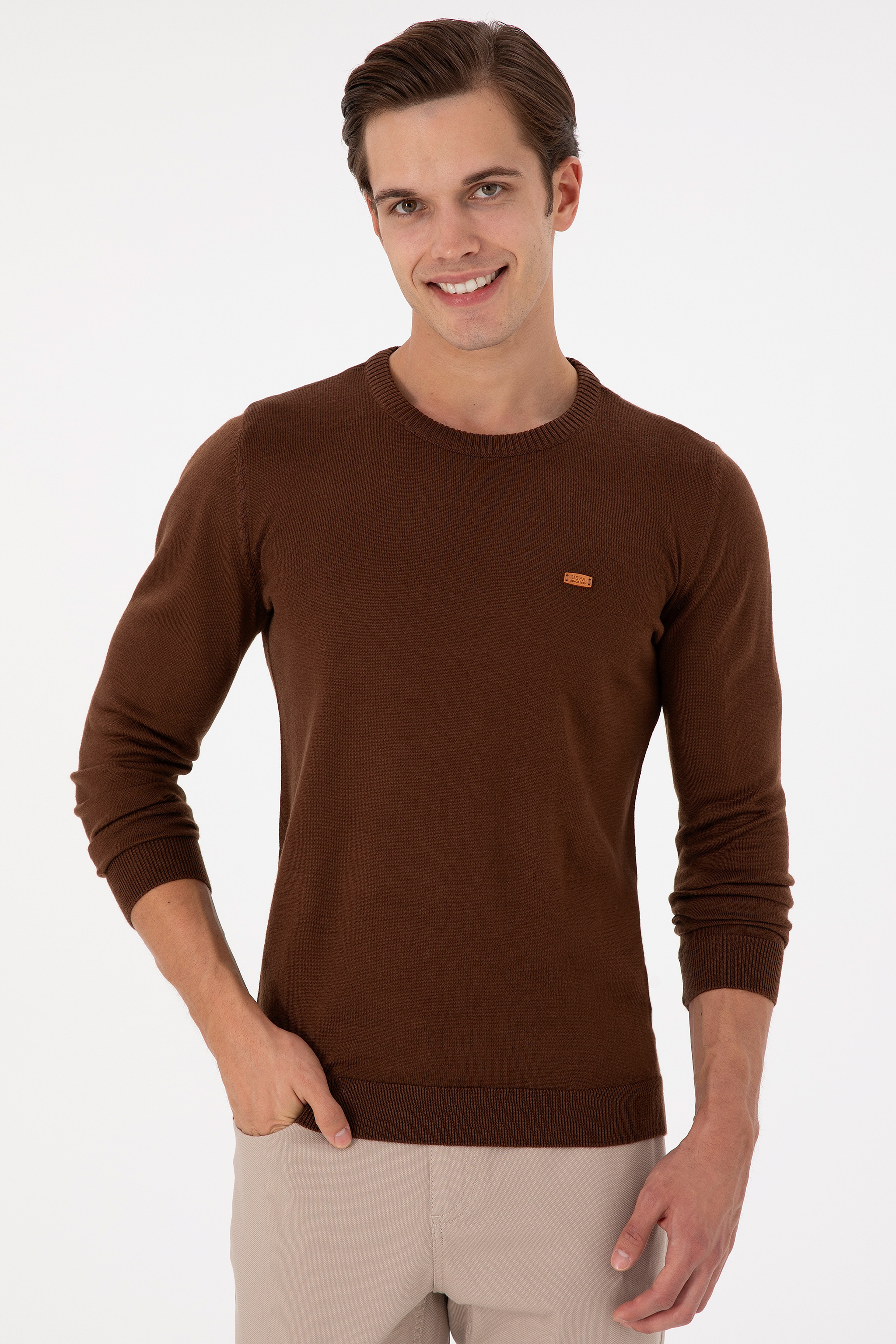 Erkek Slim Fit Bisiklet Yaka Kahverengi Kazak - Image 3