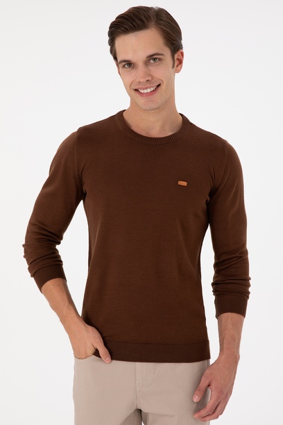 Erkek Slim Fit Bisiklet Yaka Kahverengi Kazak