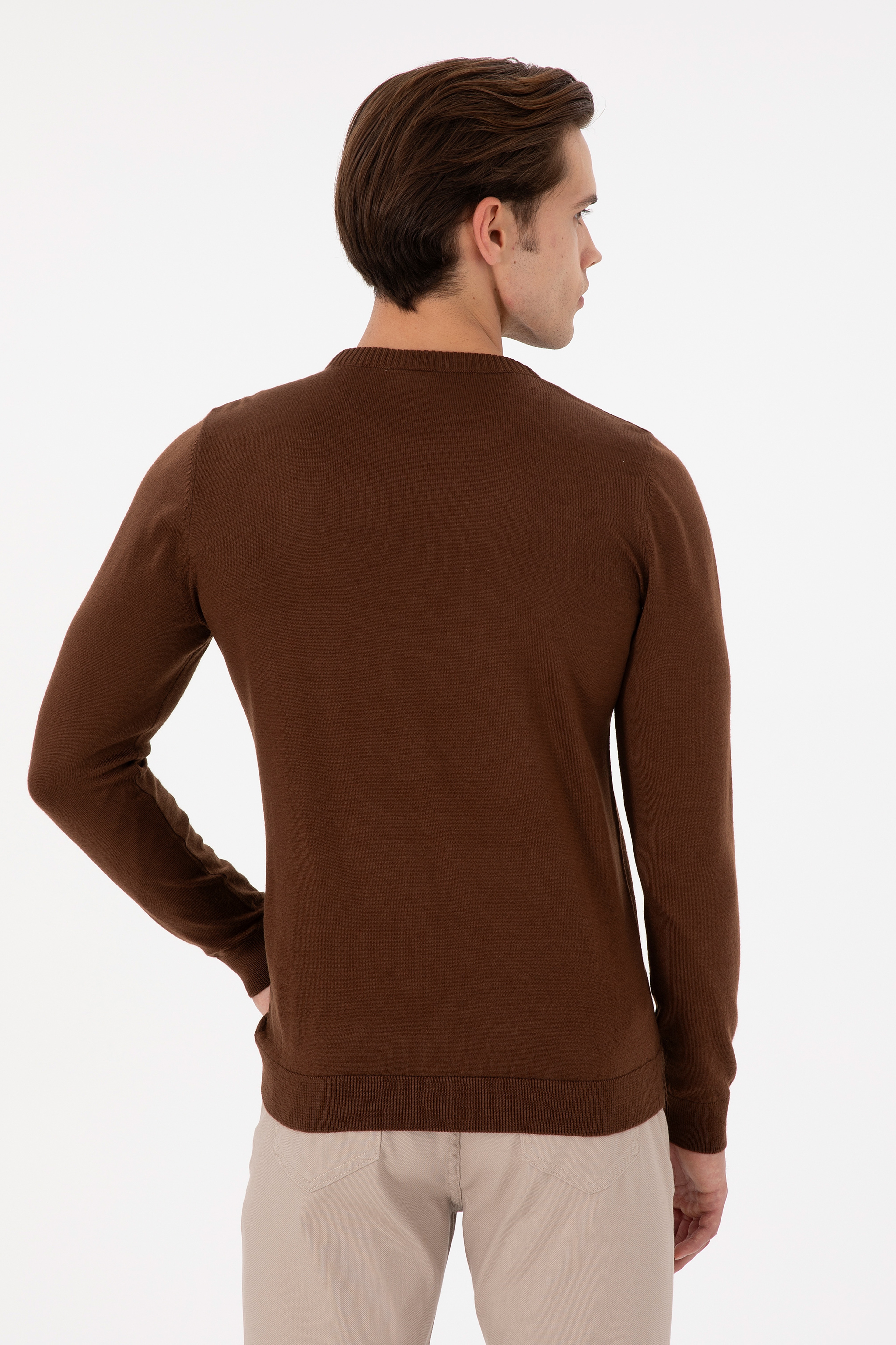 Erkek Slim Fit Bisiklet Yaka Kahverengi Kazak