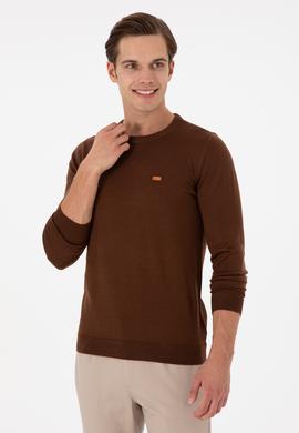 Erkek Slim Fit Bisiklet Yaka Kahverengi Kazak - 50297040035