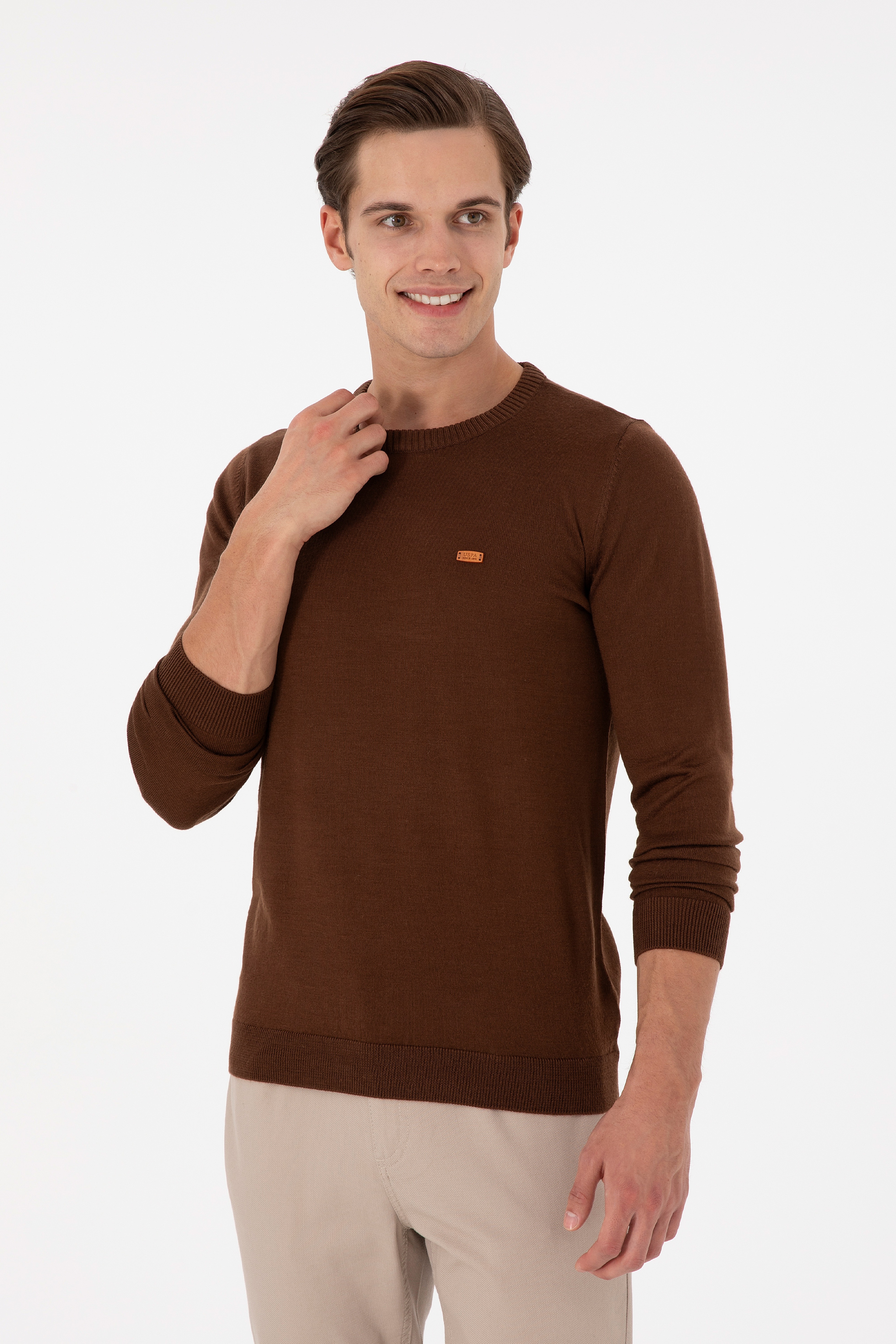 Erkek Slim Fit Bisiklet Yaka Kahverengi Kazak - Image 1