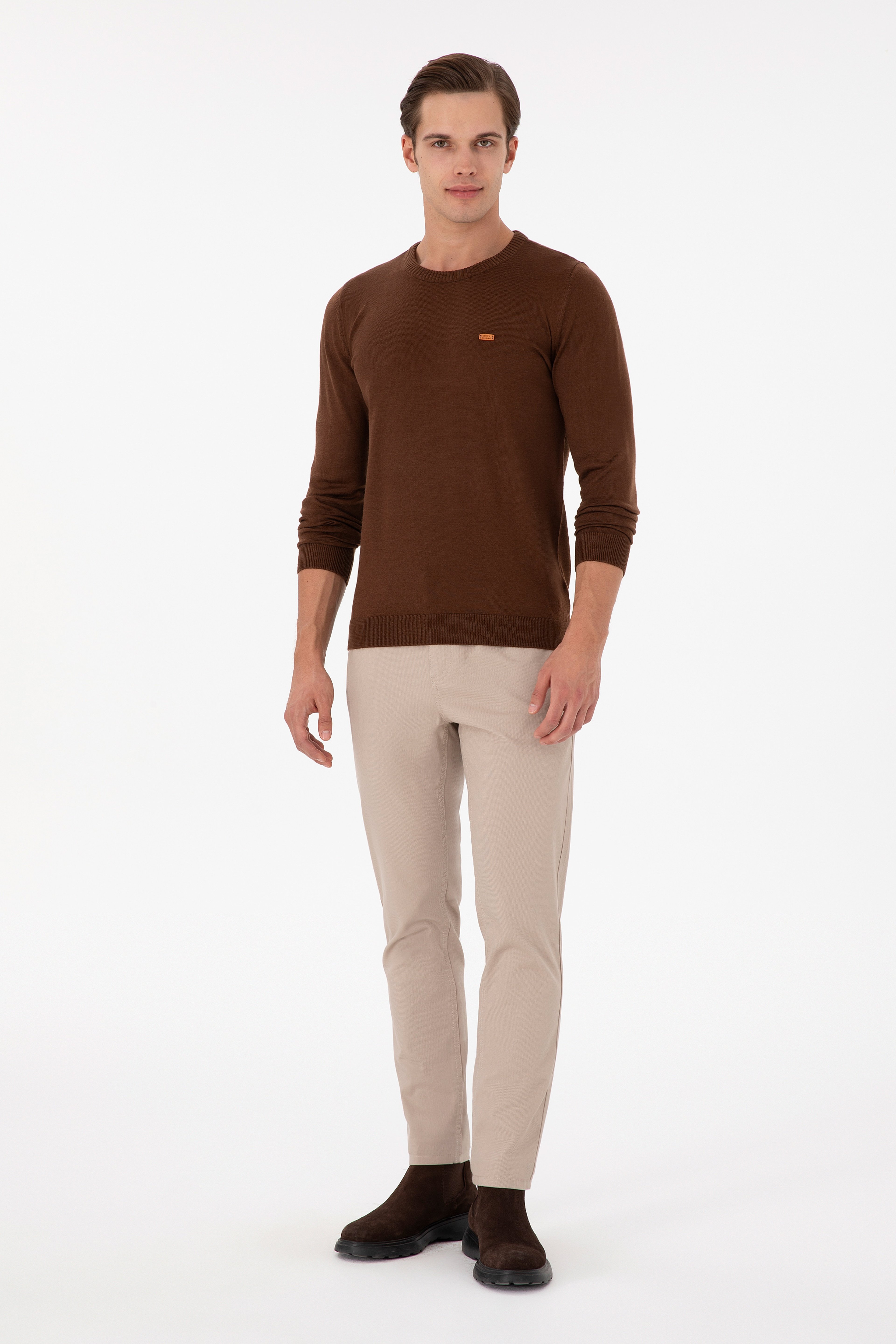 Erkek Slim Fit Bisiklet Yaka Kahverengi Kazak - Image 4