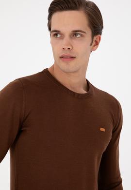 Erkek Slim Fit Bisiklet Yaka Kahverengi Kazak - 50297040035