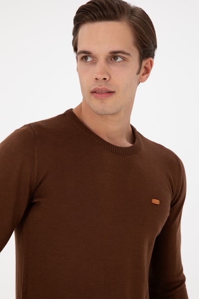 Erkek Slim Fit Bisiklet Yaka Kahverengi Kazak