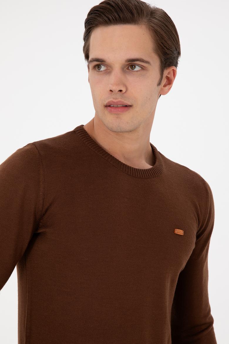 Erkek Slim Fit Bisiklet Yaka Kahverengi Kazak - 50297040035