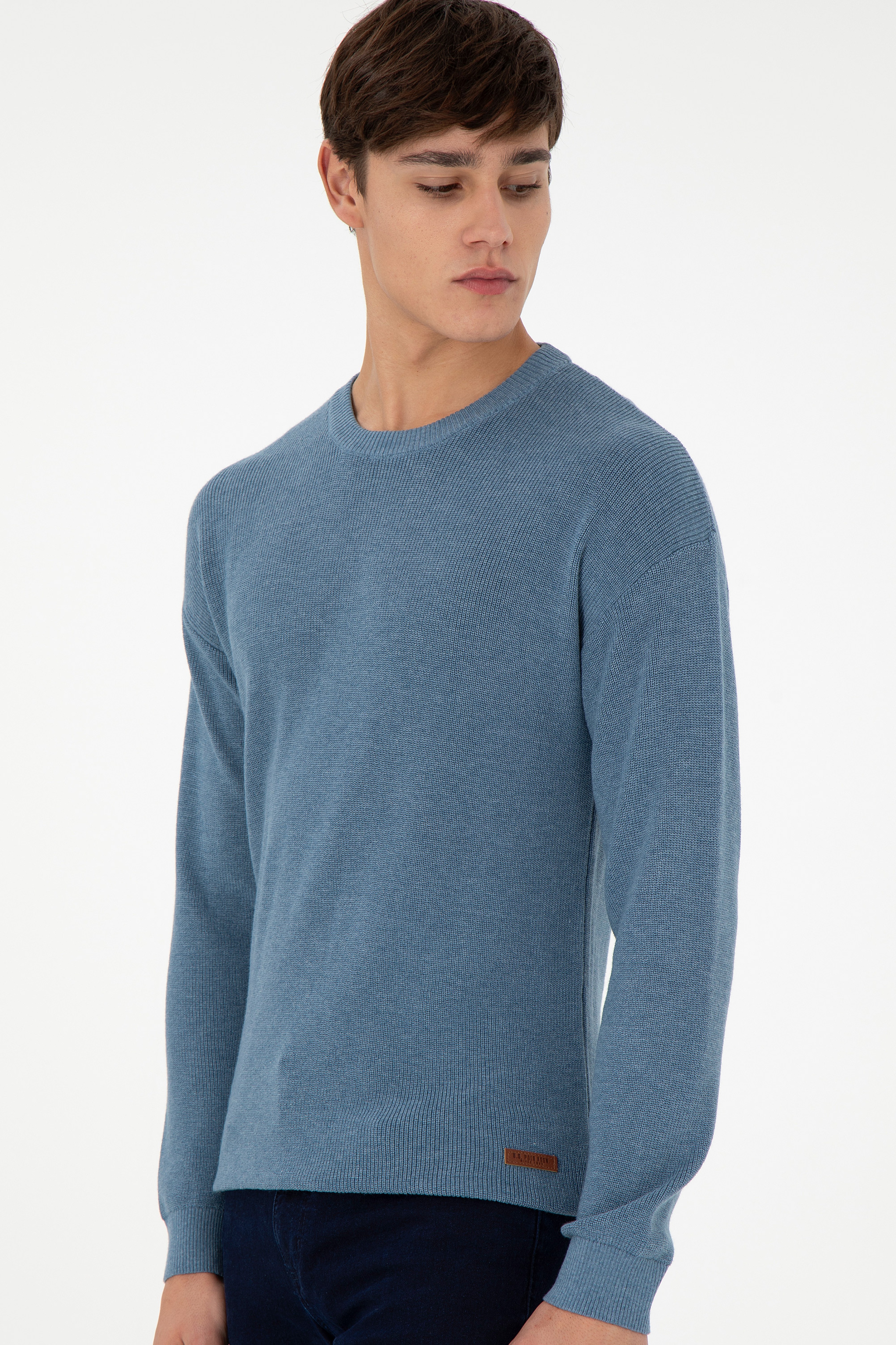 Erkek Regular Fit Bisiklet Yaka Mavi Basic Kazak