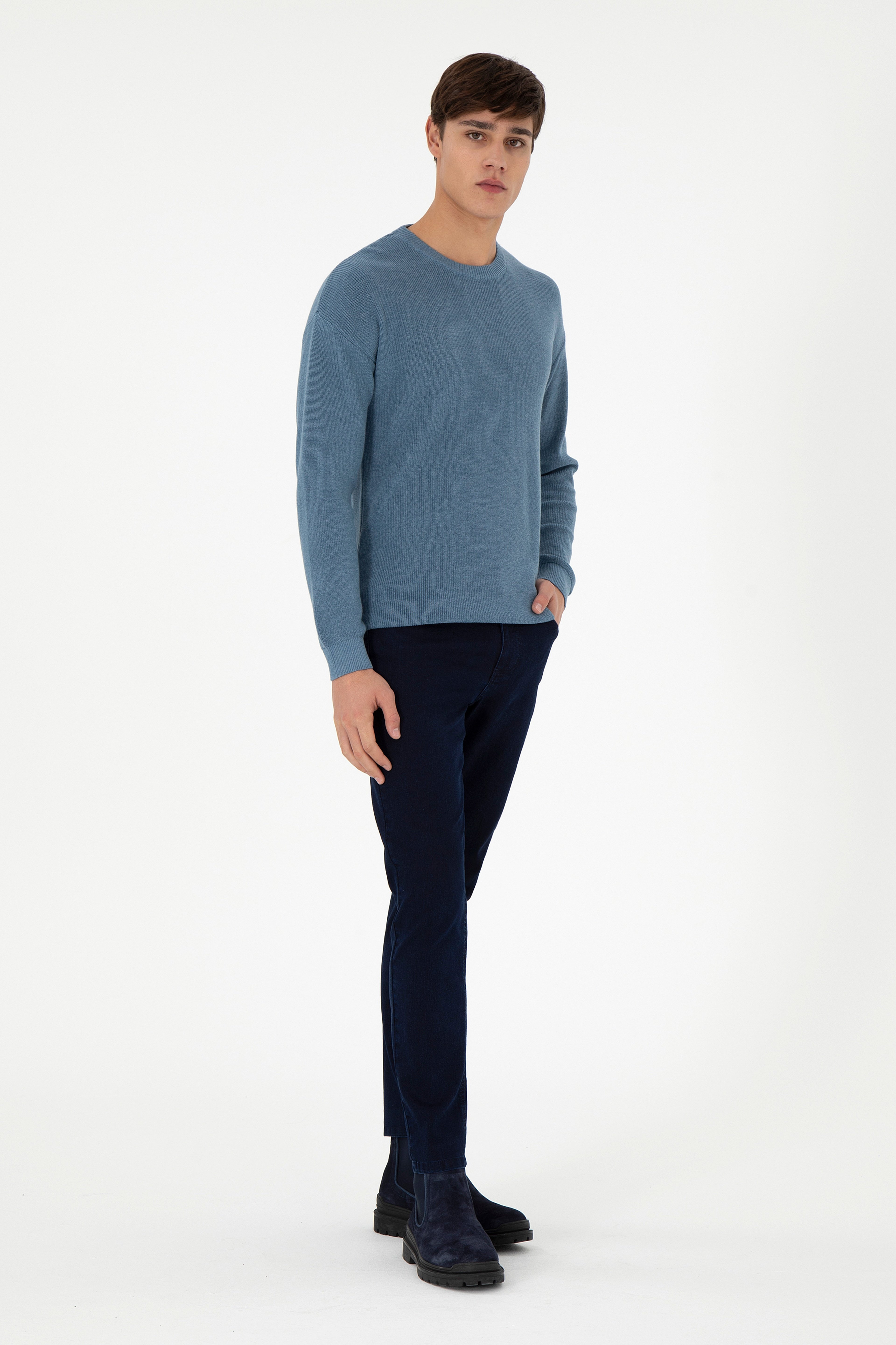 Erkek Regular Fit Bisiklet Yaka Mavi Basic Kazak - Image 4