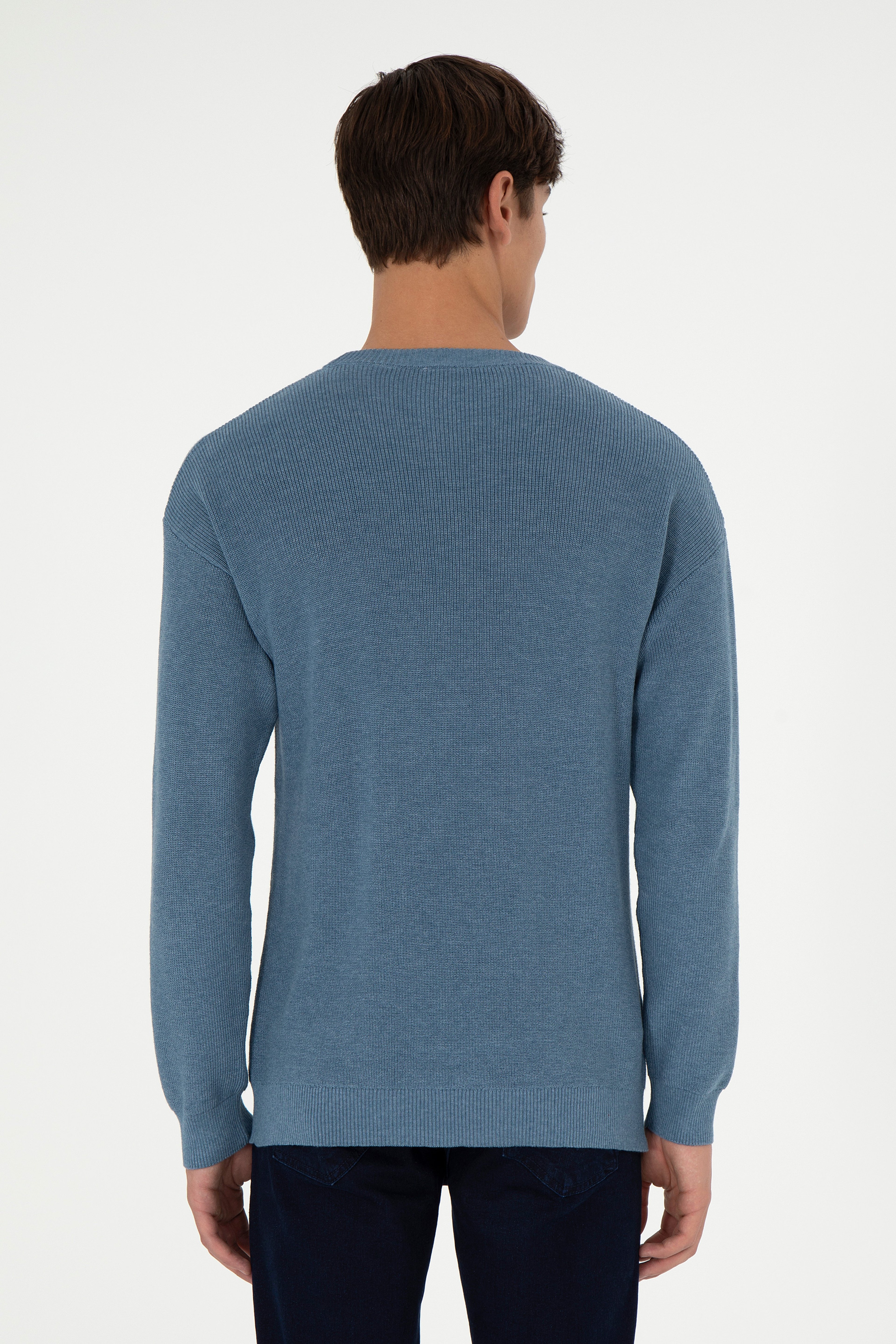 Erkek Regular Fit Bisiklet Yaka Mavi Basic Kazak - Image 5