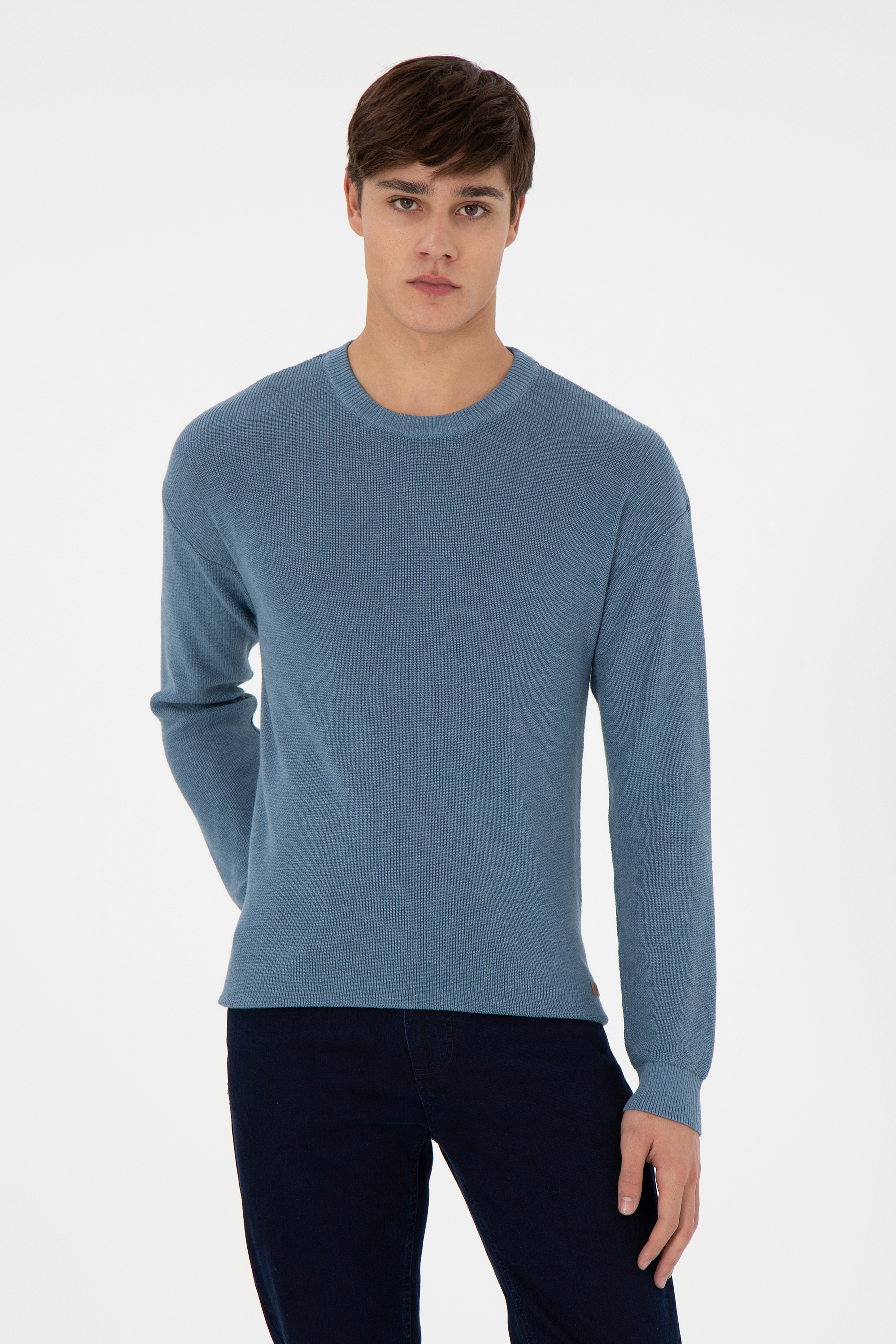 Erkek Regular Fit Bisiklet Yaka Mavi Basic Kazak - Image 1
