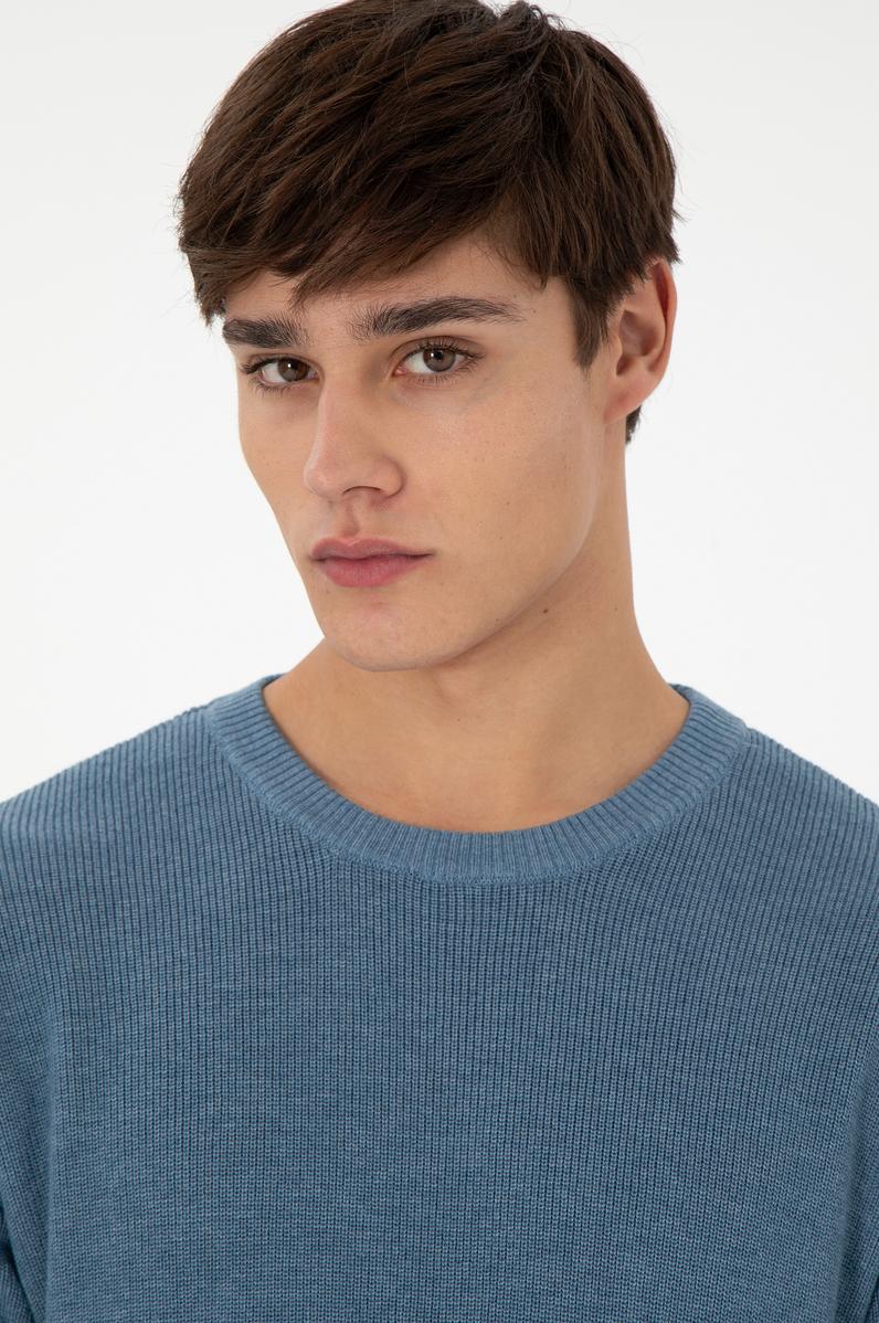 Erkek Regular Fit Bisiklet Yaka Mavi Basic Kazak