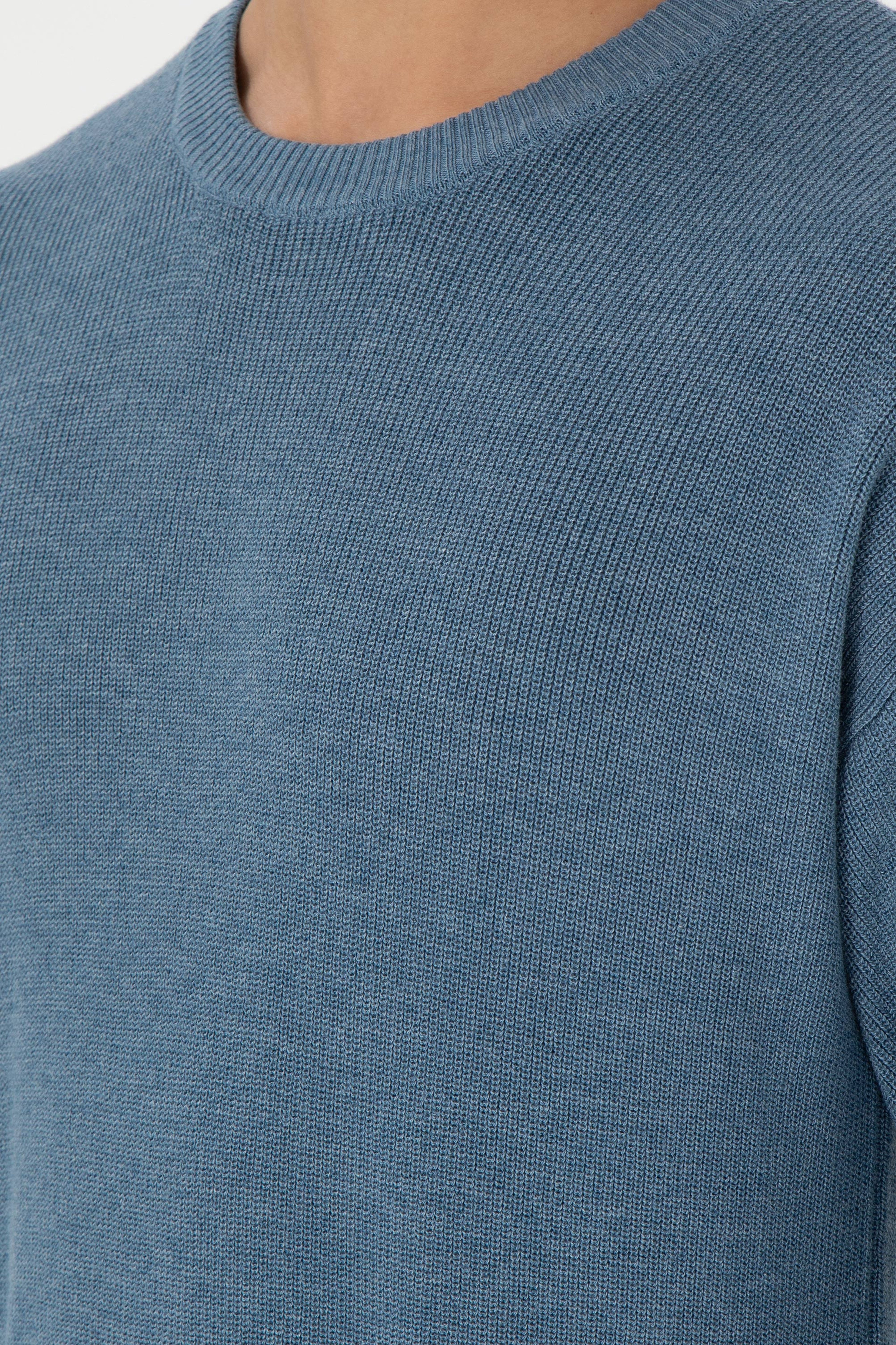 Erkek Regular Fit Bisiklet Yaka Mavi Basic Kazak - Image 7