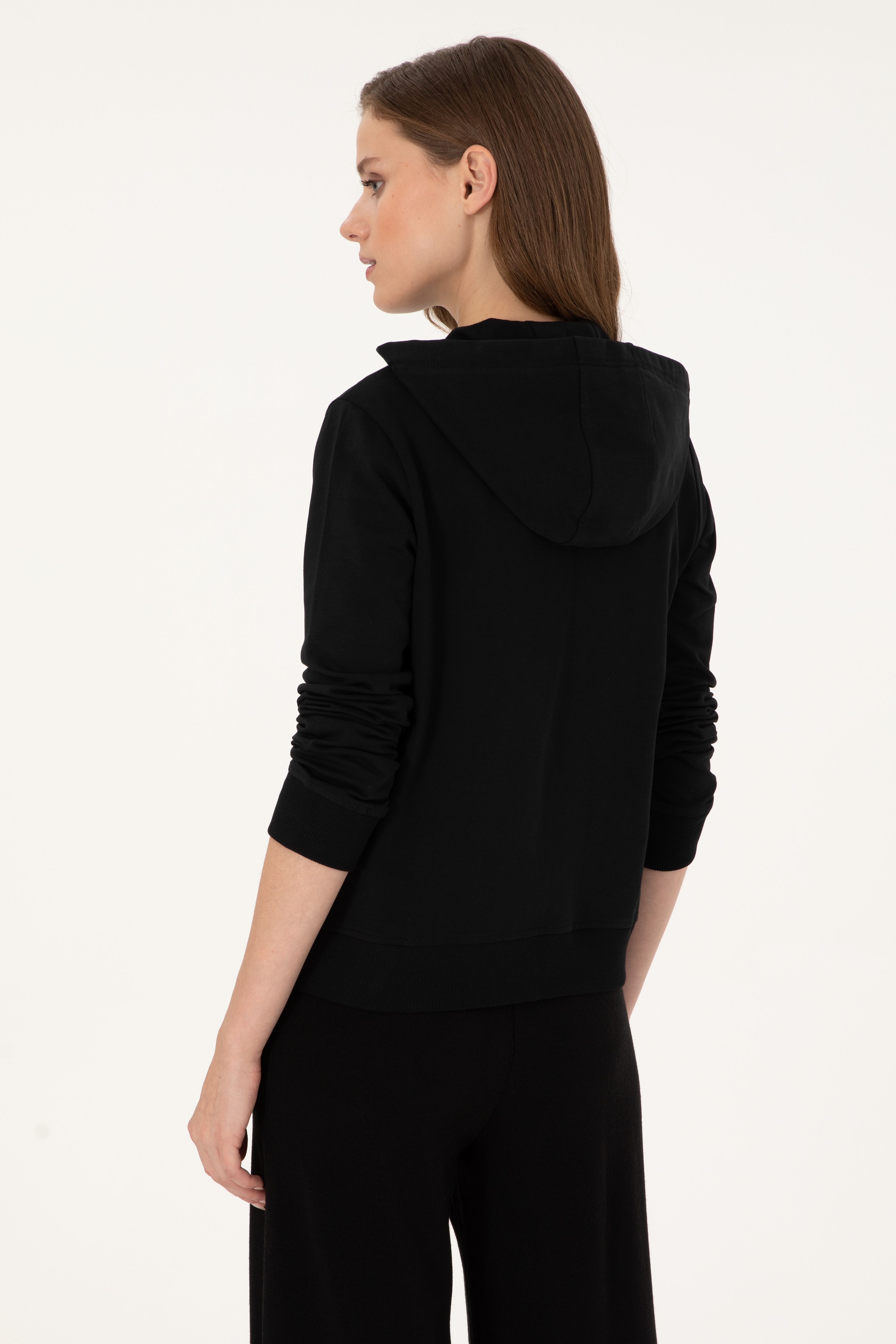 Kadın Siyah Kapüşonlu Fermuarlı Sweatshirt - Image 5