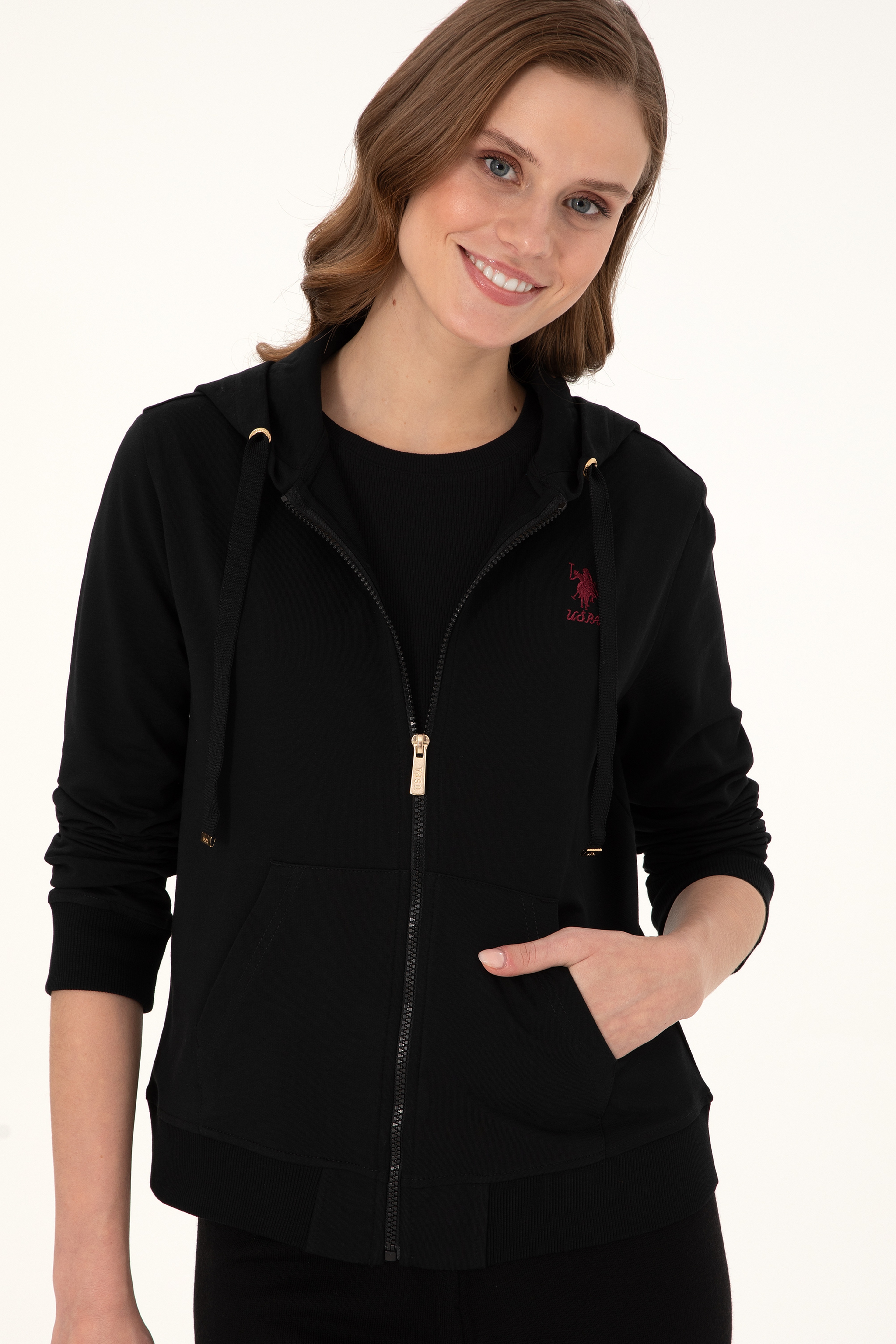 Kadın Siyah Kapüşonlu Fermuarlı Sweatshirt - Image 3