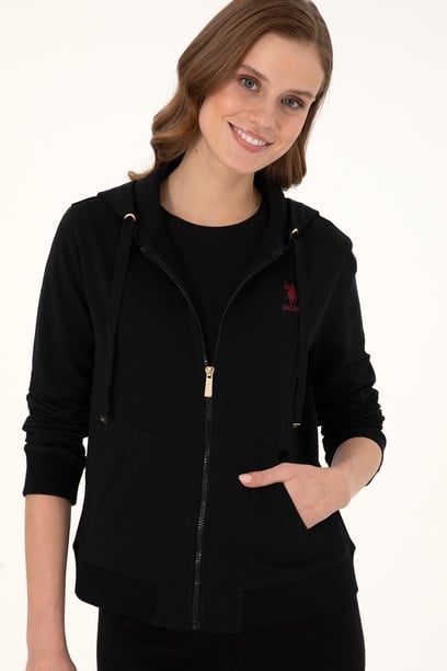 Kadın Siyah Kapüşonlu Fermuarlı Sweatshirt