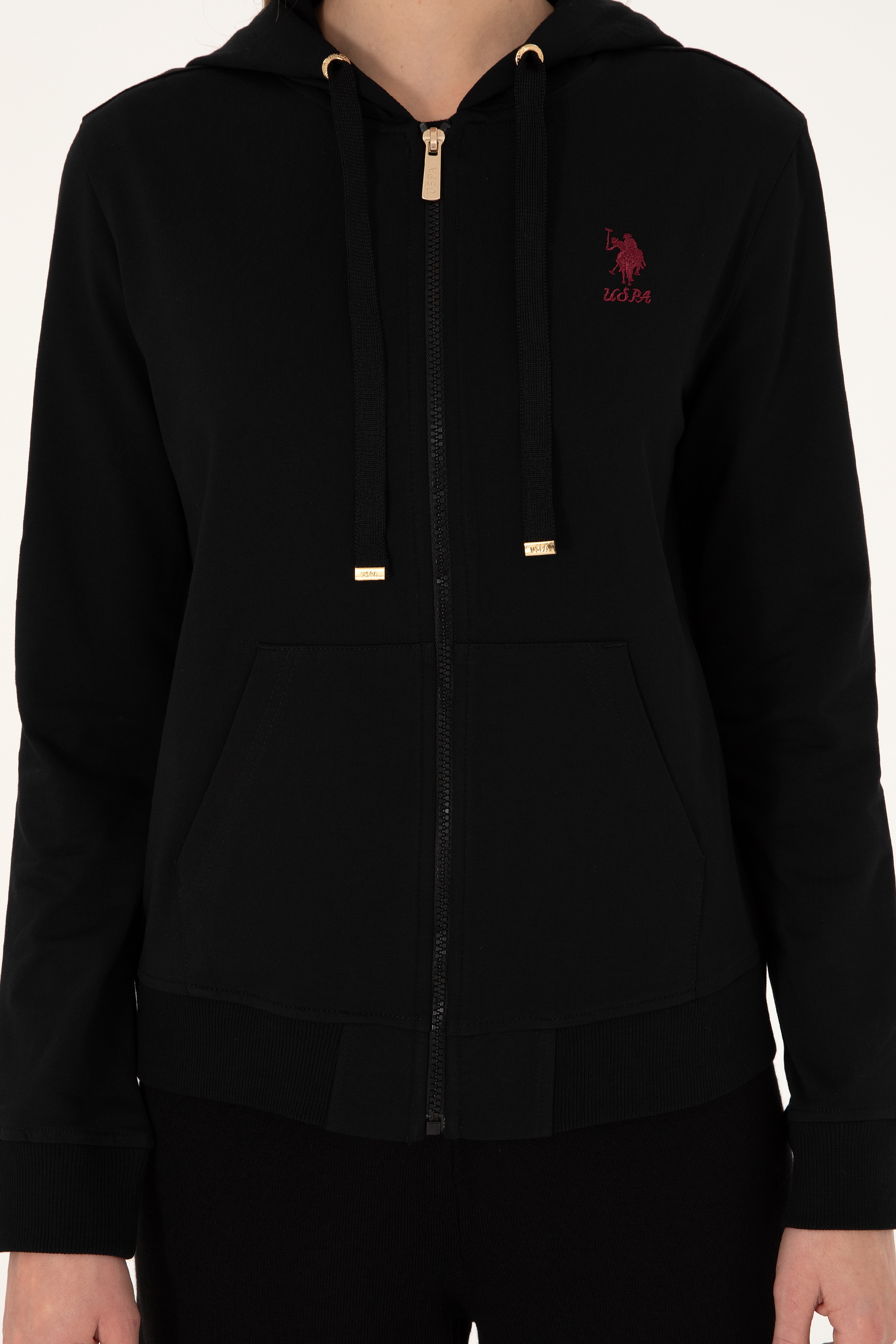 Kadın Siyah Kapüşonlu Fermuarlı Sweatshirt
