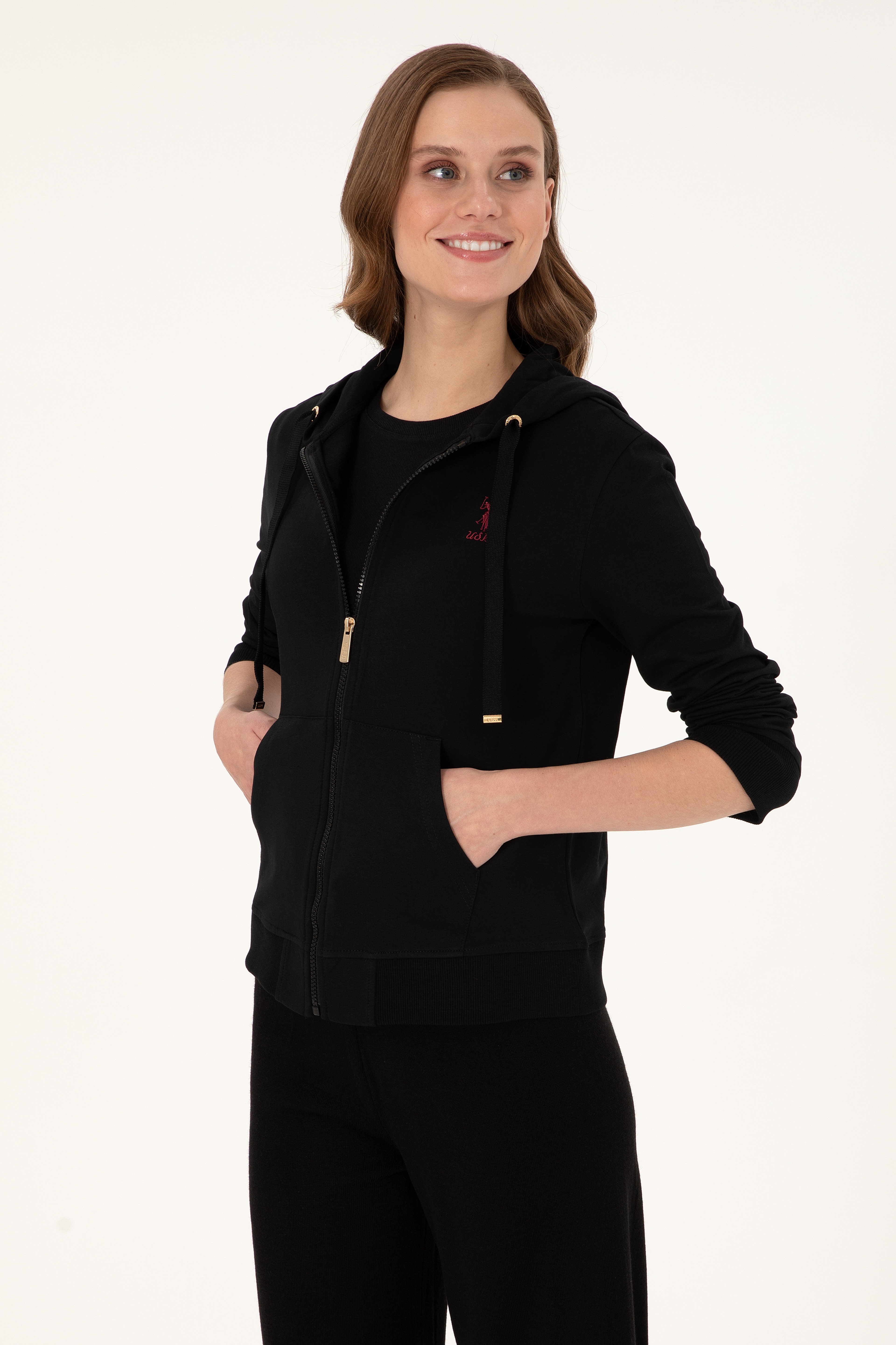 Kadın Siyah Kapüşonlu Fermuarlı Sweatshirt - Image 1