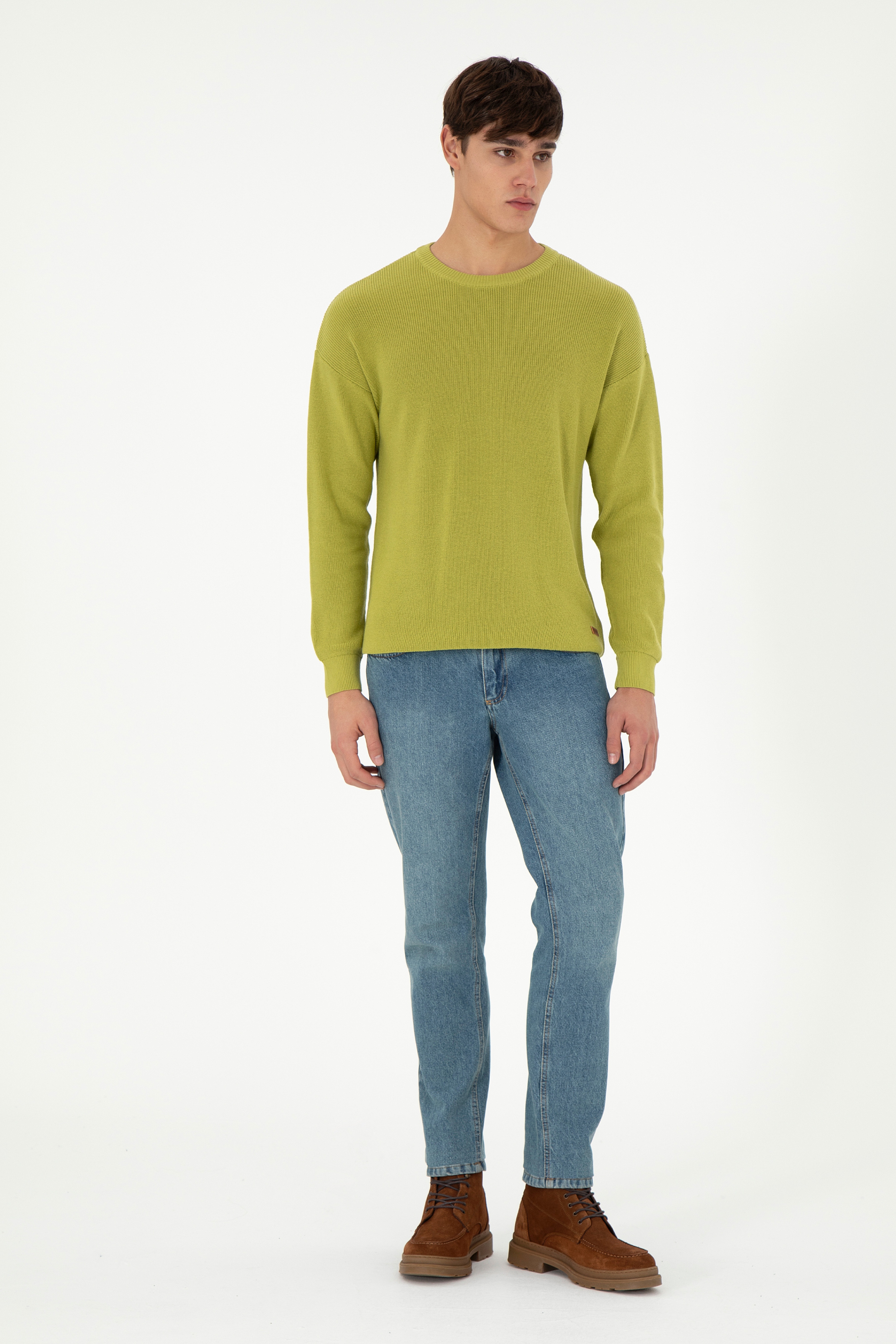 Erkek Regular Fit Bisiklet Yaka Fıstık Yeşili Basic Kazak - Image 4