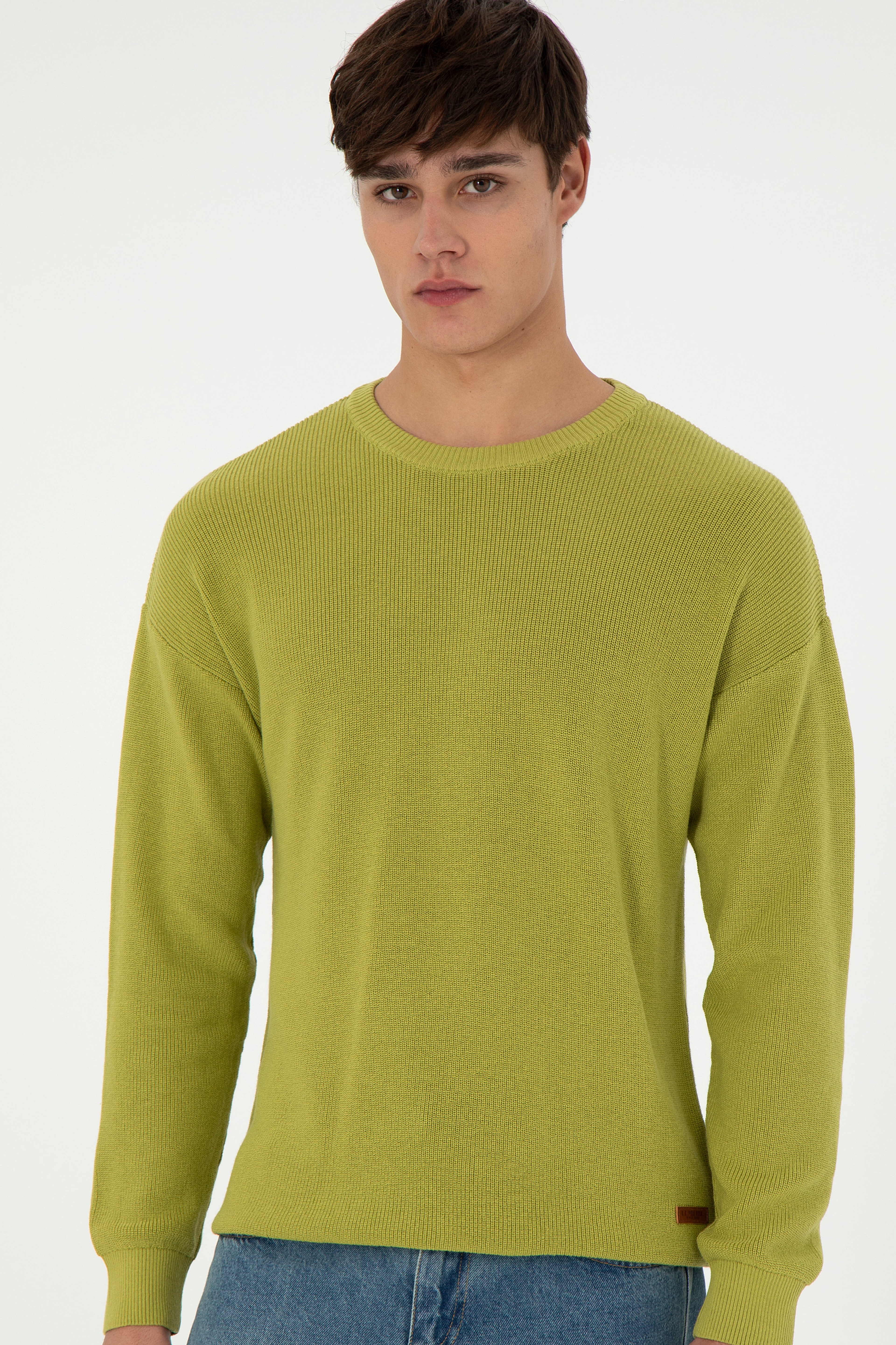 Erkek Regular Fit Bisiklet Yaka Fıstık Yeşili Basic Kazak - Image 3