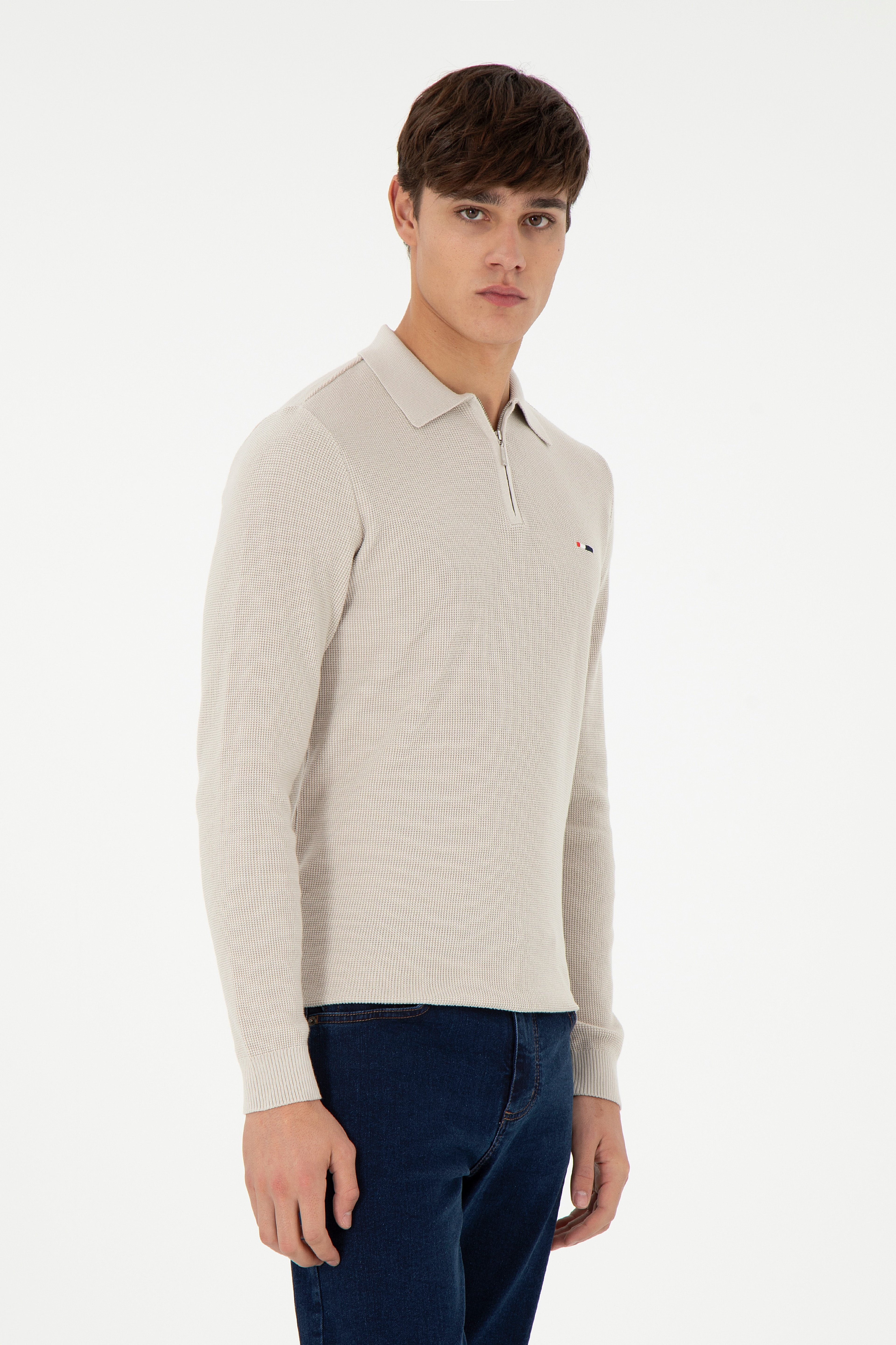 Erkek Regular Fit Yarım Fermuarlı Taş Basic Kazak - Image 1