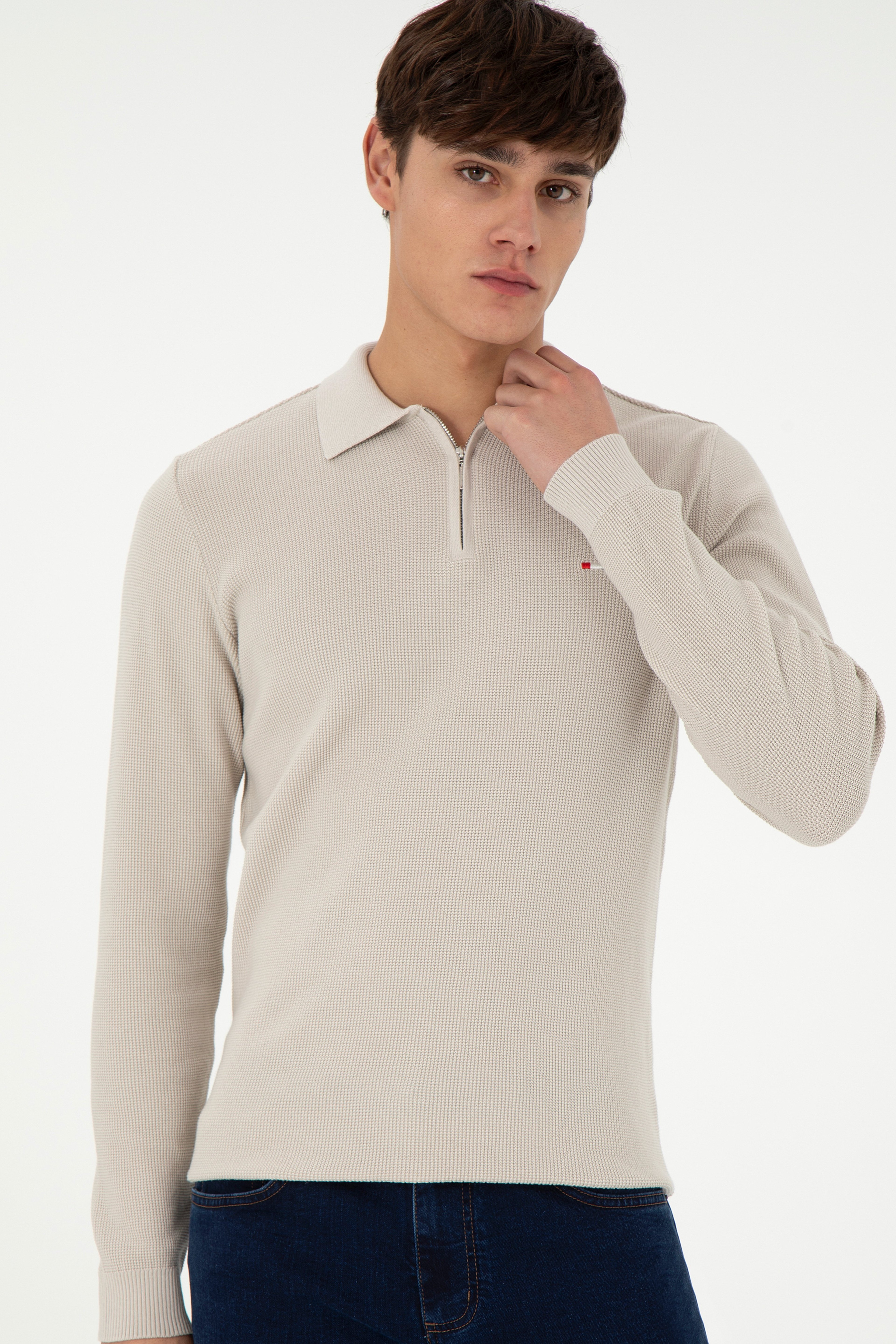 Erkek Regular Fit Yarım Fermuarlı Taş Basic Kazak
