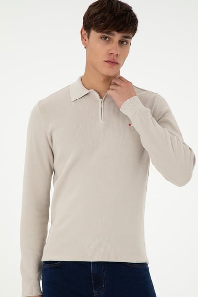 Erkek Regular Fit Yarım Fermuarlı Taş Basic Kazak