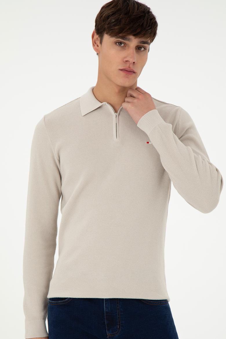 Erkek Regular Fit Yarım Fermuarlı Taş Basic Kazak - 50298266050