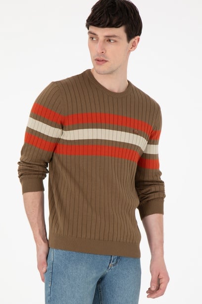 Erkek Slim Fit Bisiklet Yaka Haki Kazak