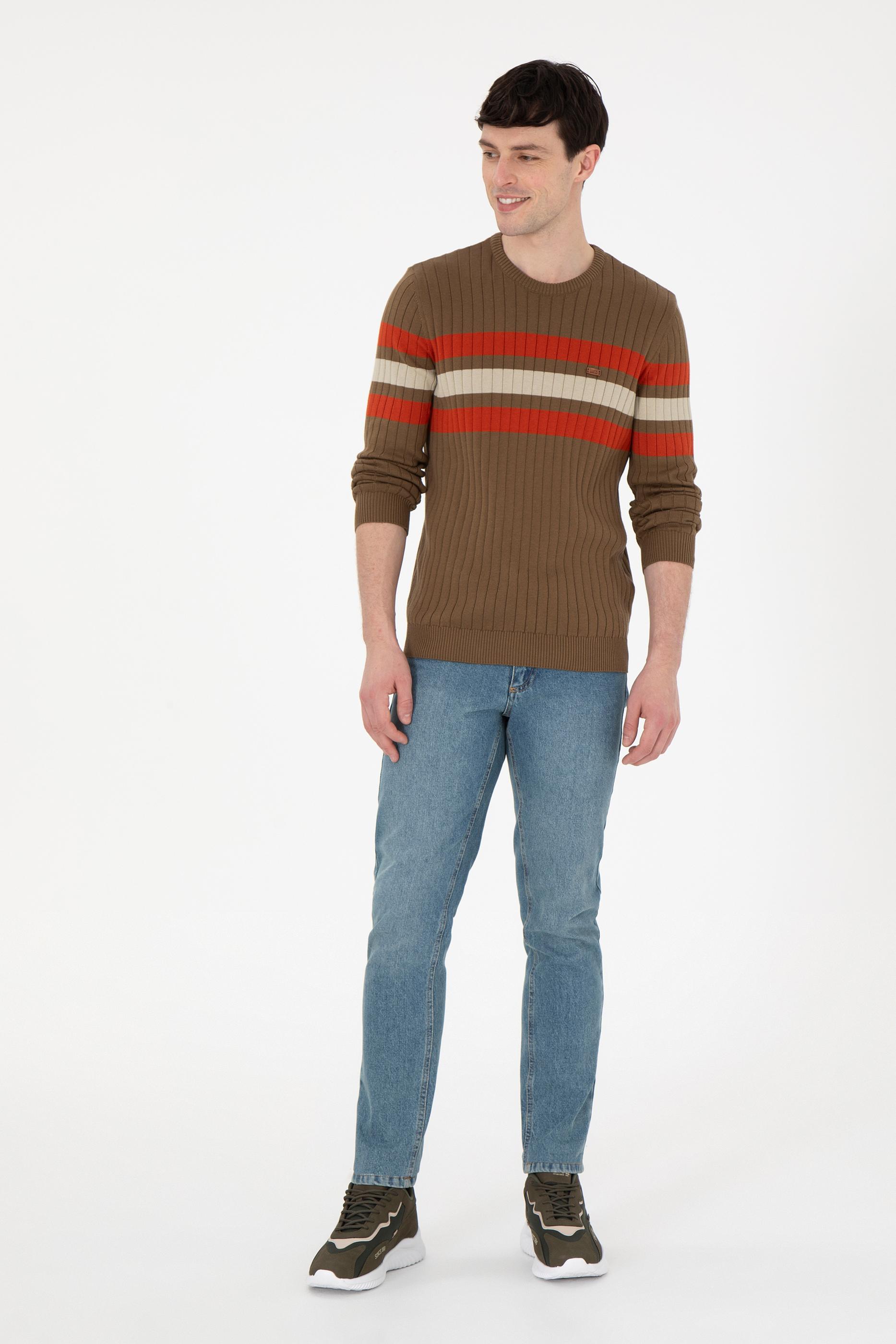 Erkek Slim Fit Bisiklet Yaka Haki Kazak