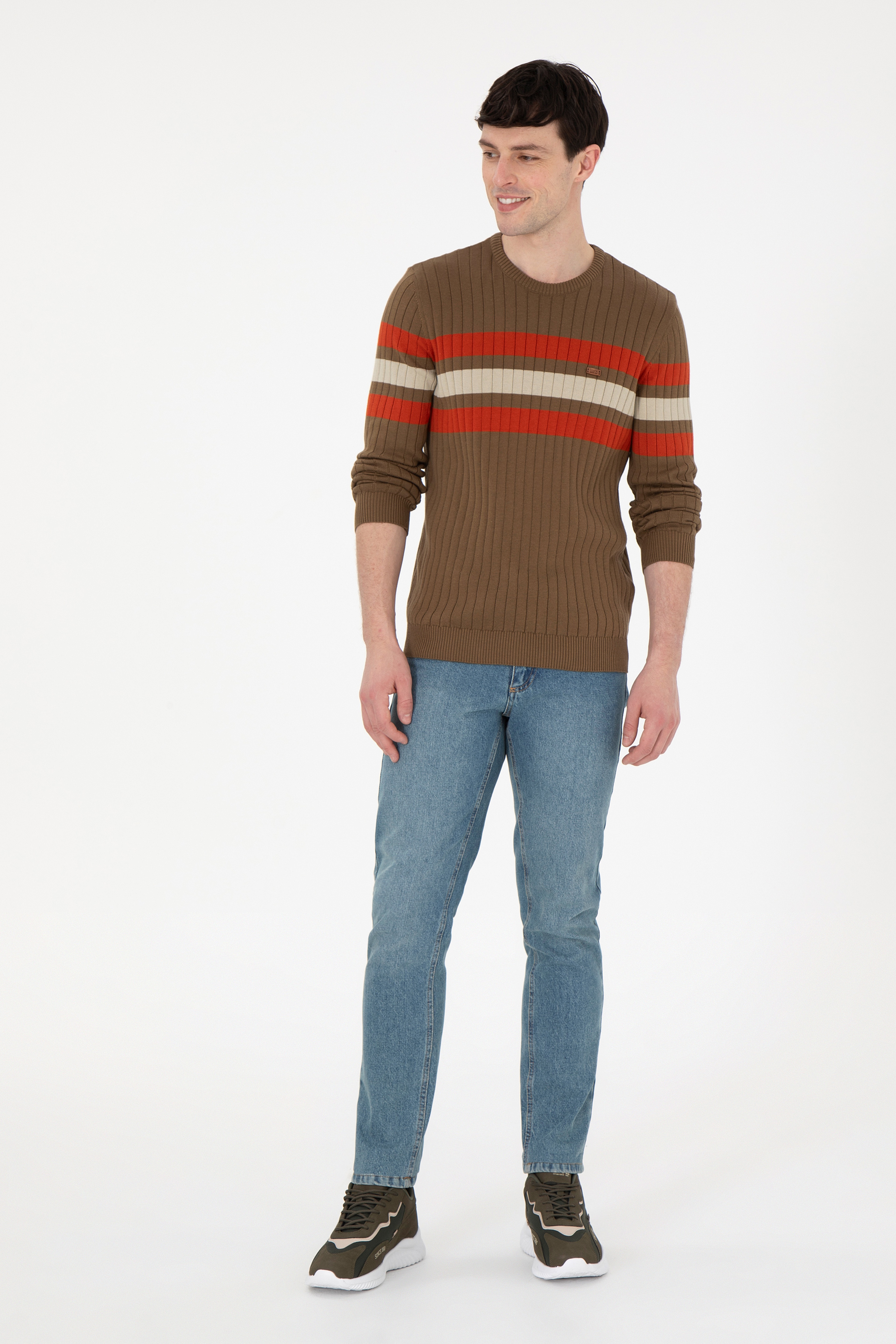 Erkek Slim Fit Bisiklet Yaka Haki Kazak - Image 4