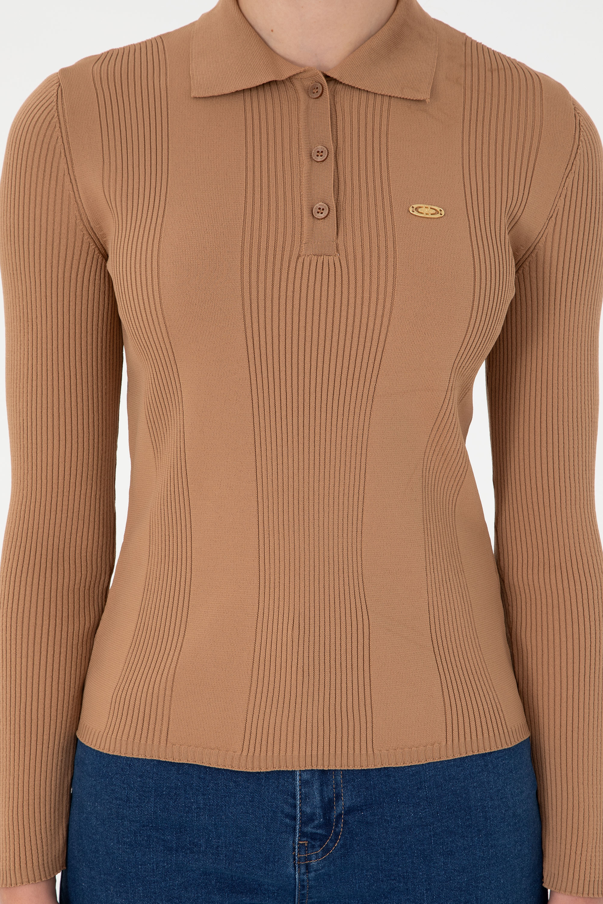 Kadın Camel Polo Yaka Kazak