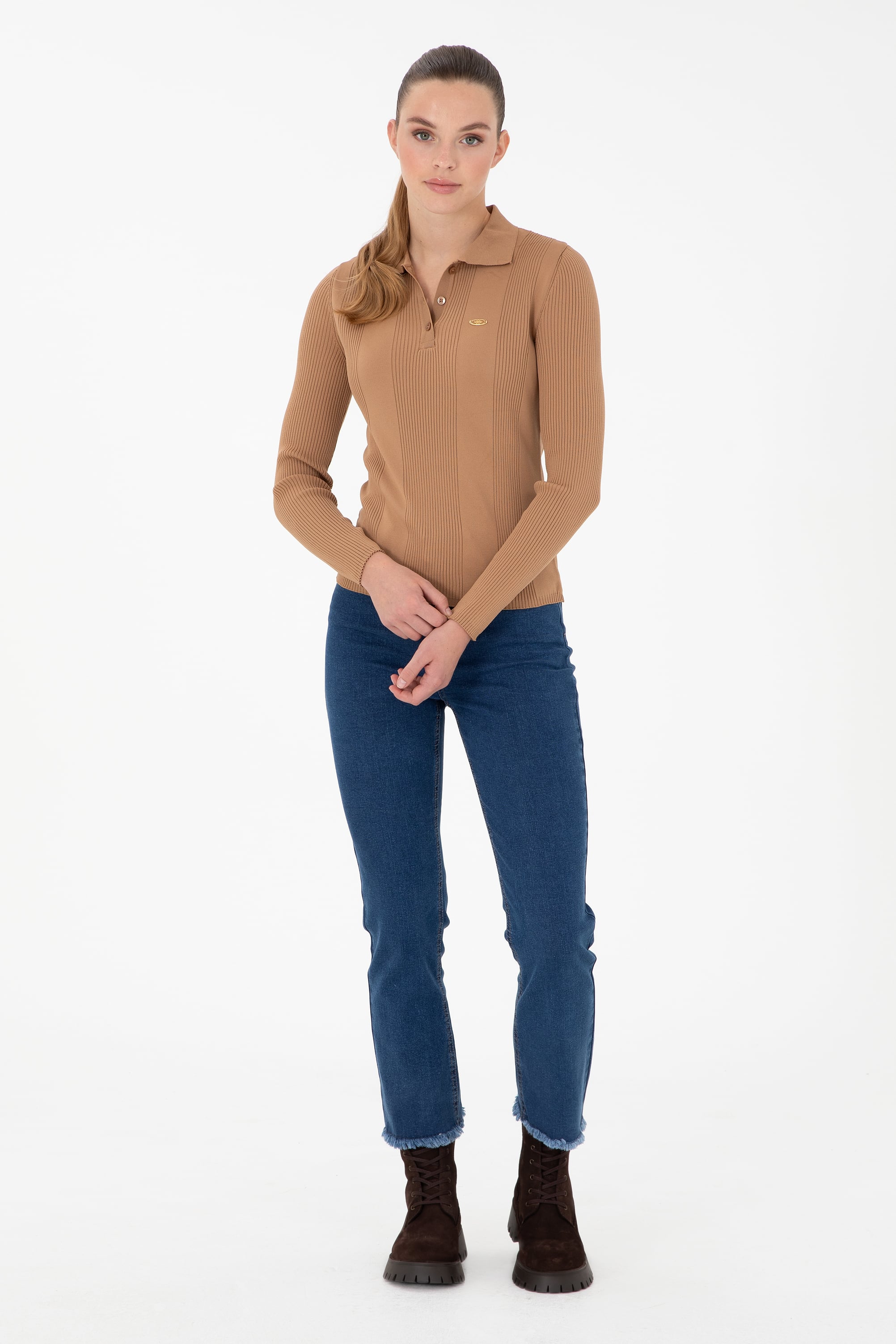 Kadın Camel Polo Yaka Kazak