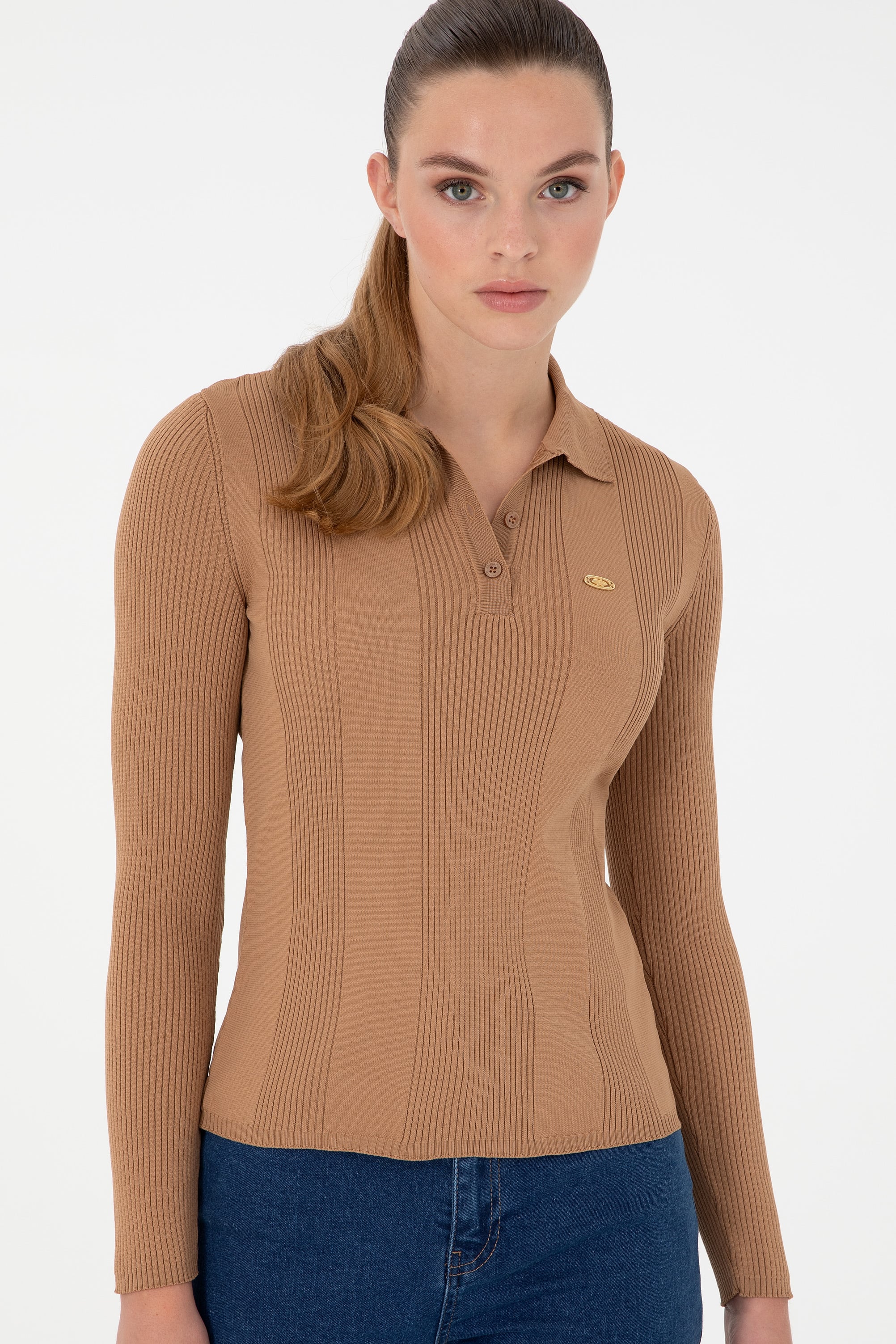 Kadın Camel Polo Yaka Kazak - Image 3