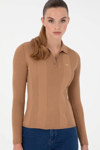Kadın Camel Polo Yaka Kazak