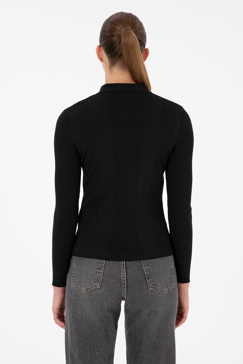 Kadın Siyah Polo Yaka Kazak - 50297087042