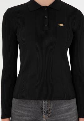 Kadın Siyah Polo Yaka Kazak - 50297087042