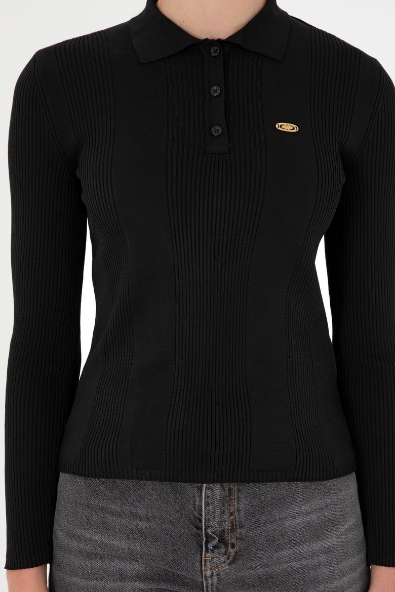 Kadın Siyah Polo Yaka Kazak - 50297087042