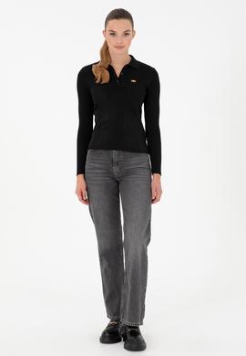Kadın Siyah Polo Yaka Kazak - 50297087042