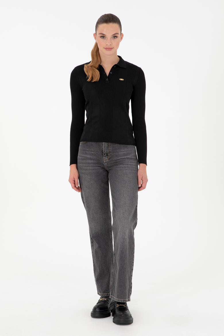 Kadın Siyah Polo Yaka Kazak - 50297087042
