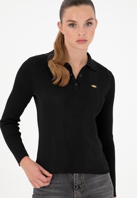 Kadın Siyah Polo Yaka Kazak - 50297087042