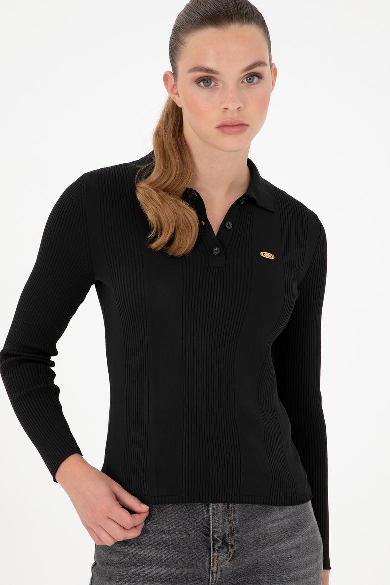 Kadın Siyah Polo Yaka Kazak - 50297087042