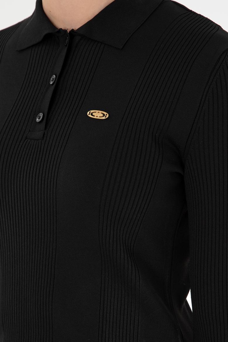 Kadın Siyah Polo Yaka Kazak - 50297087042