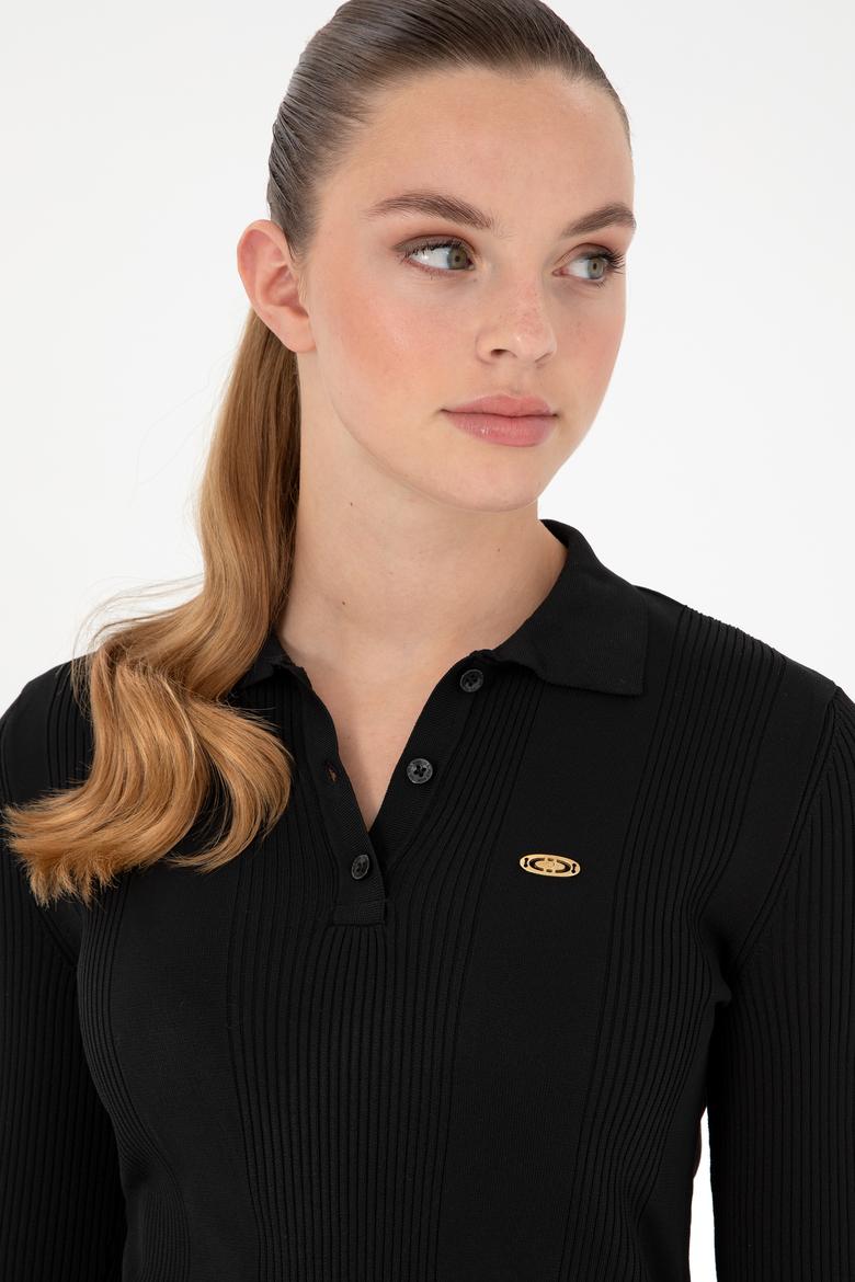 Kadın Siyah Polo Yaka Kazak - 50297087042