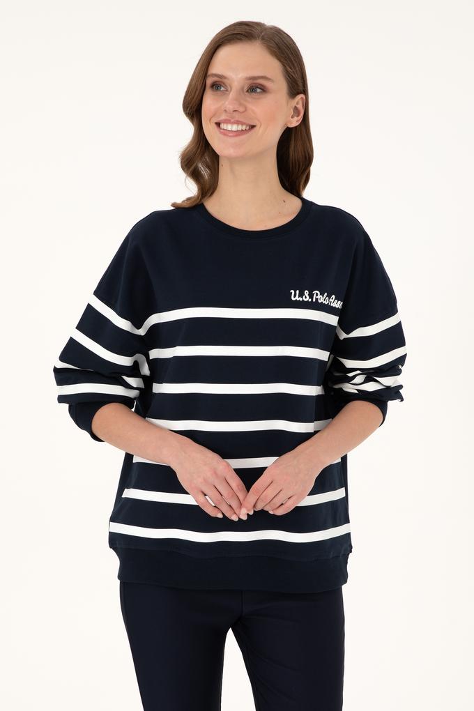 Kadın Lacivert Çizgili Bisiklet Yaka Sweatshirt