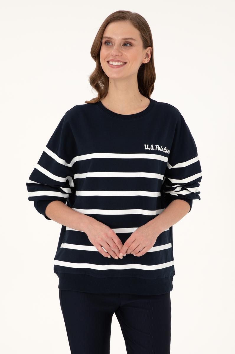 Kadın Lacivert Çizgili Bisiklet Yaka Sweatshirt